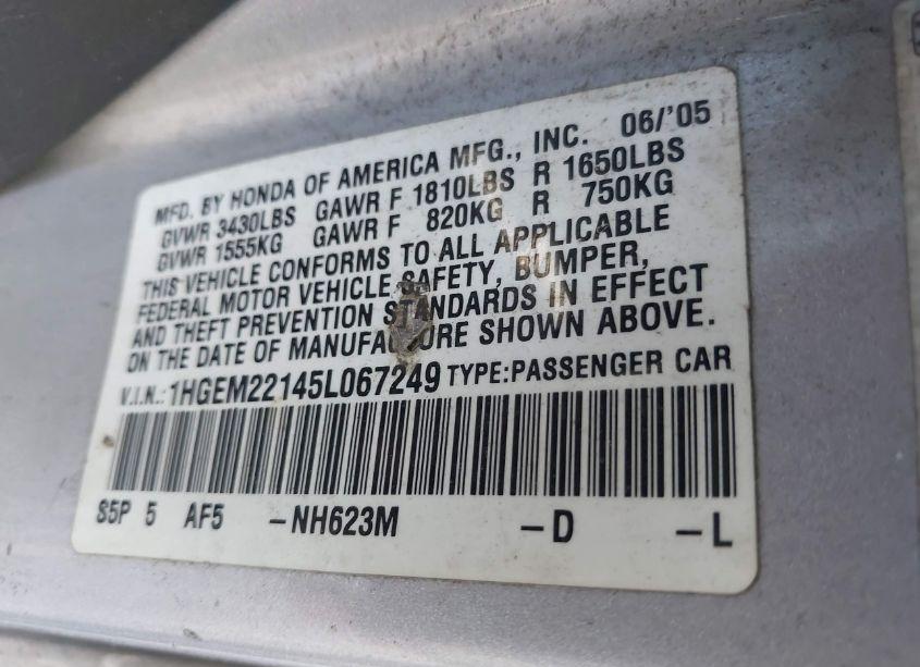 Photo 9 of 2005 Honda Civic VP (VIN 1HGEM22145L067249)