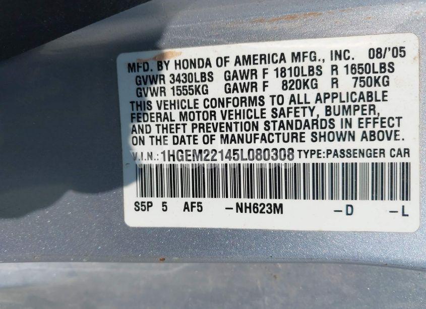 Photo 9 of 2005 Honda Civic VP (VIN 1HGEM22145L080308)