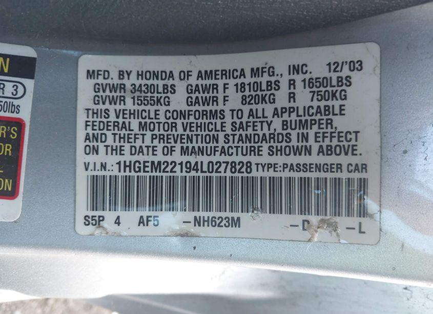 Photo 9 of 2004 Honda Civic VP (VIN 1HGEM22194L027828)