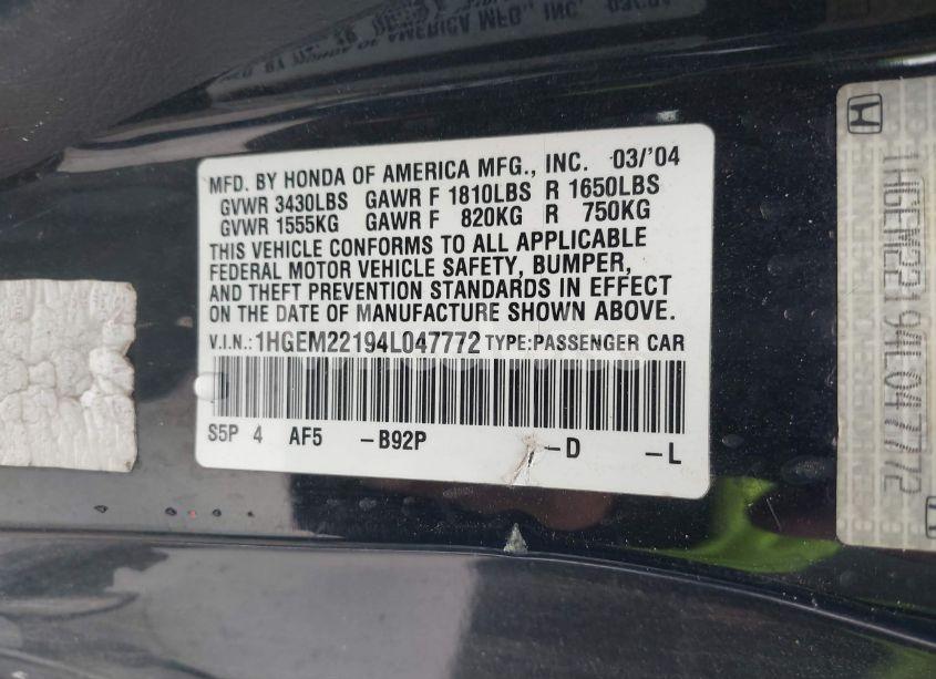 Photo 9 of 2004 Honda Civic VP (VIN 1HGEM22194L047772)