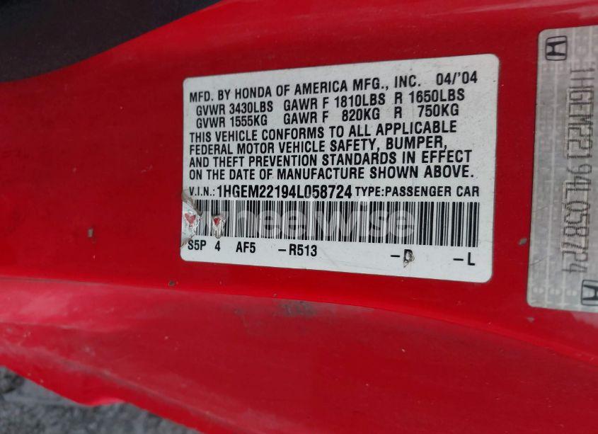 Photo 9 of 2004 Honda Civic VP (VIN 1HGEM22194L058724)