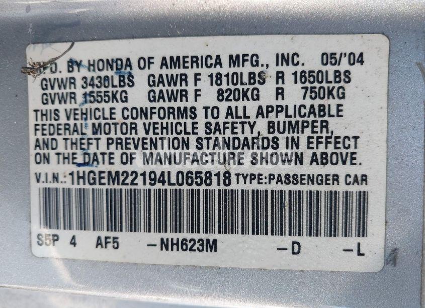 Photo 9 of 2004 Honda Civic VP (VIN 1HGEM22194L065818)