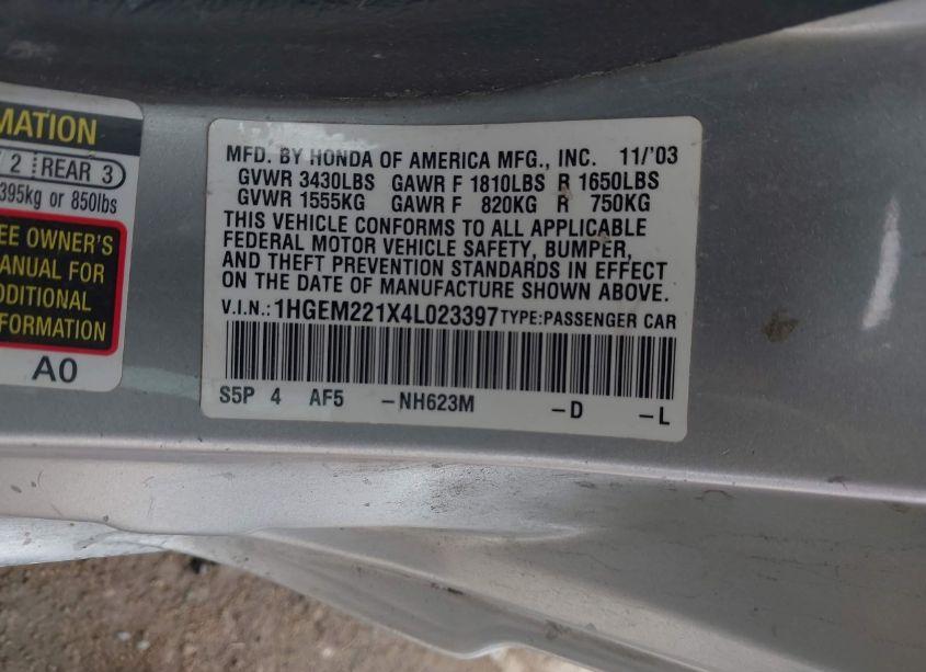 Photo 9 of 2004 Honda Civic VP (VIN 1HGEM221X4L023397)