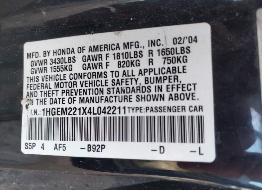 Photo 9 of 2004 Honda Civic VP (VIN 1HGEM221X4L042211)