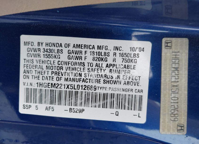 Photo 9 of 2005 Honda Civic VP (VIN 1HGEM221X5L012689)