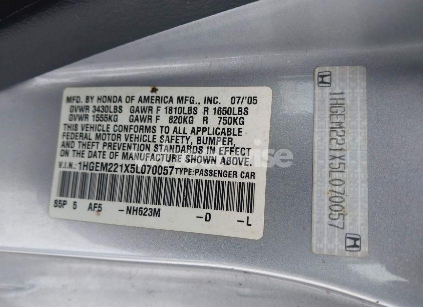 Photo 9 of 2005 Honda Civic VP (VIN 1HGEM221X5L070057)