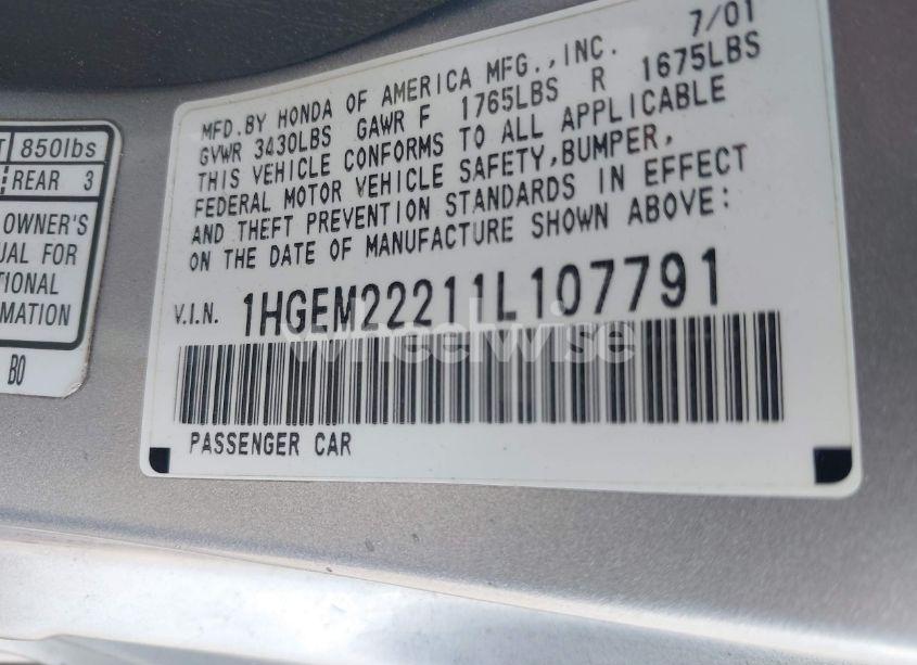 Photo 9 of 2001 Honda Civic DX (VIN 1HGEM22211L107791)