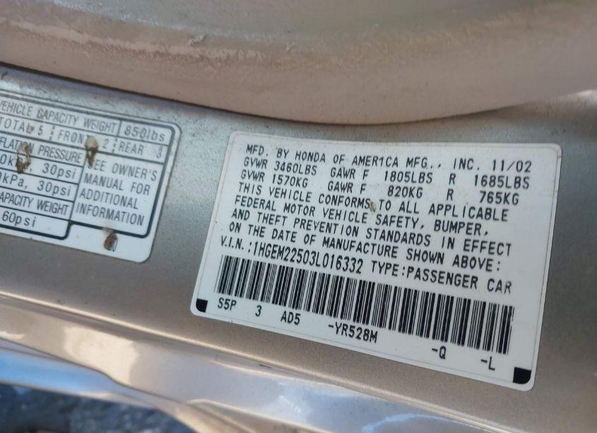 Photo 9 of 2003 Honda Civic LX (VIN 1HGEM22503L016332)