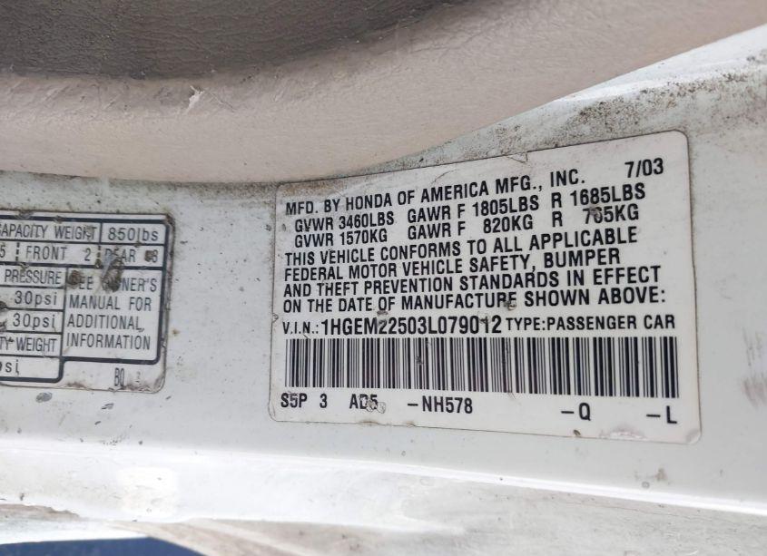 Photo 9 of 2003 Honda Civic LX (VIN 1HGEM22503L079012)