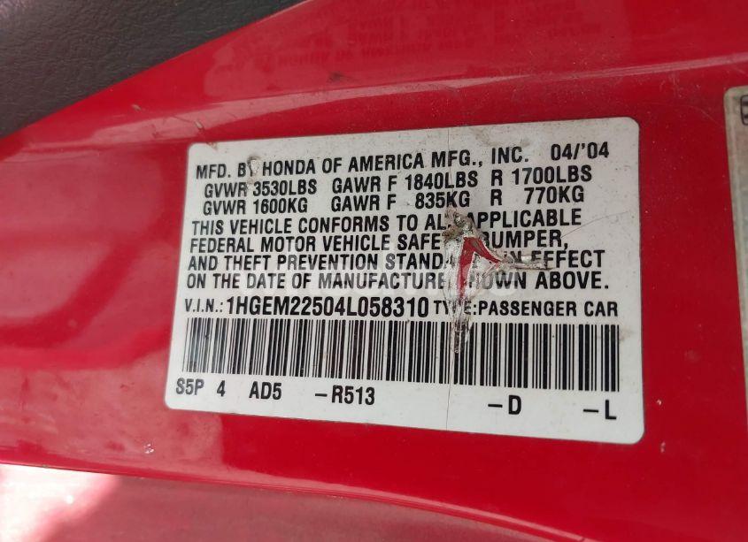 Photo 9 of 2004 Honda Civic LX (VIN 1HGEM22504L058310)