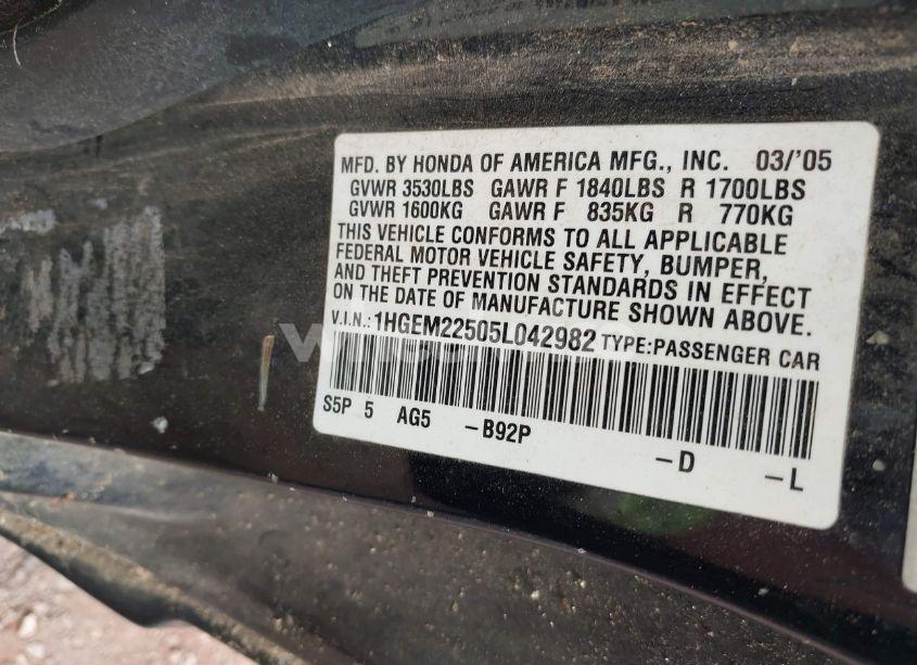 Photo 9 of 2005 Honda Civic LX (VIN 1HGEM22505L042982)