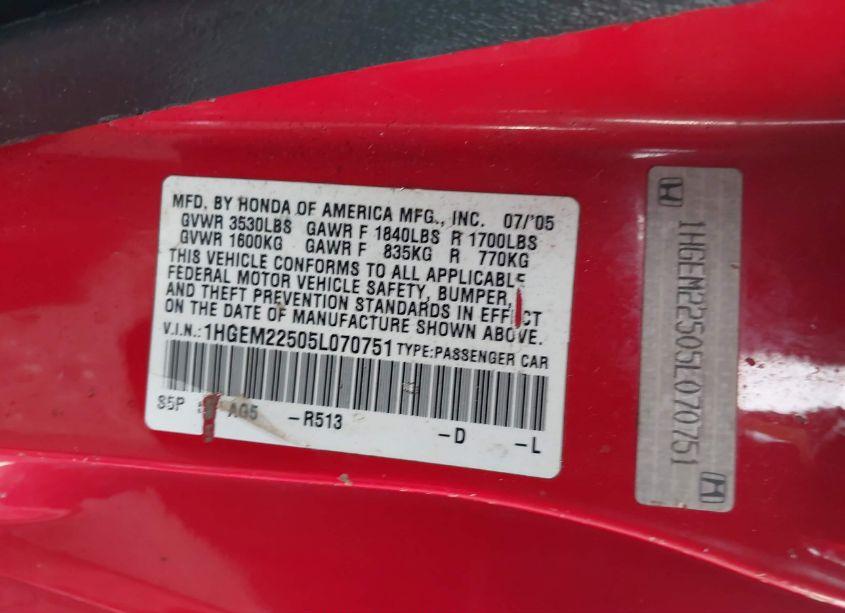 Photo 9 of 2005 Honda Civic LX (VIN 1HGEM22505L070751)