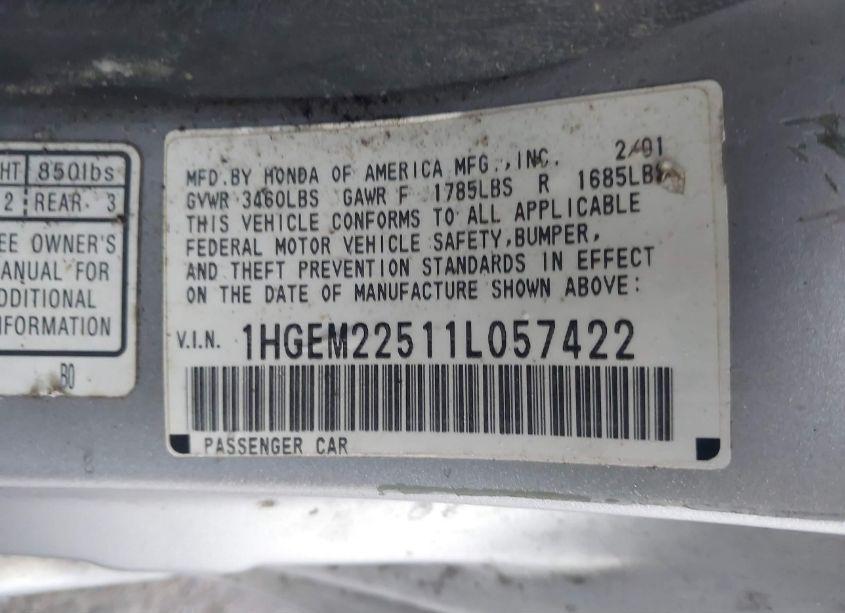 Photo 9 of 2001 Honda Civic LX (VIN 1HGEM22511L057422)