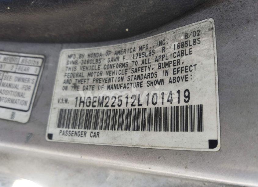 Photo 9 of 2002 Honda Civic LX (VIN 1HGEM22512L101419)