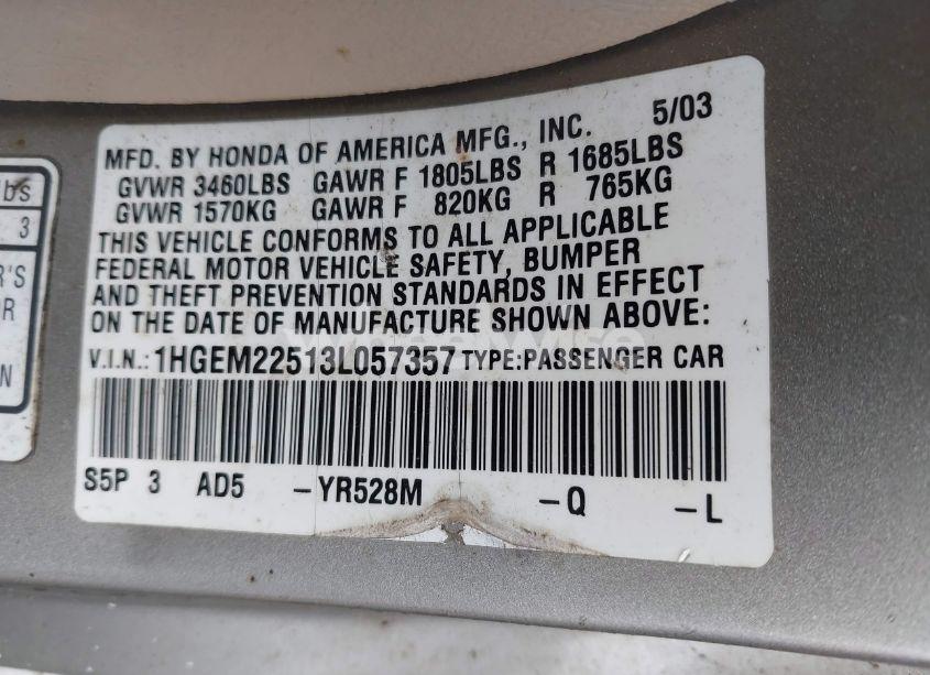 Photo 9 of 2003 Honda Civic LX (VIN 1HGEM22513L057357)