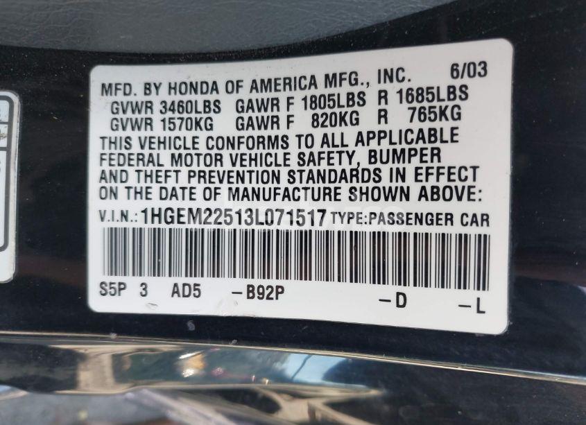 Photo 9 of 2003 Honda Civic LX (VIN 1HGEM22513L071517)