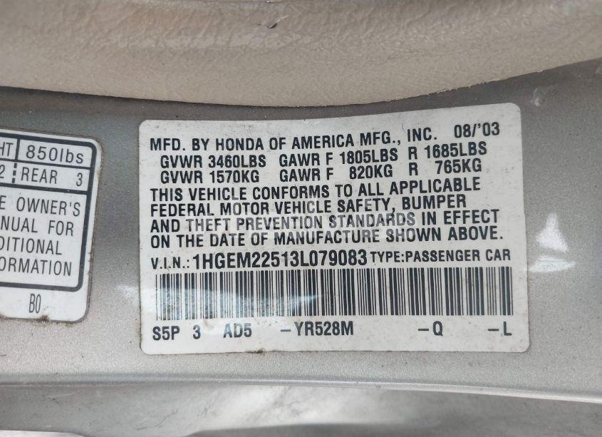 Photo 9 of 2003 Honda Civic LX (VIN 1HGEM22513L079083)