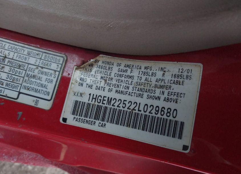 Photo 9 of 2002 Honda Civic LX (VIN 1HGEM22522L029680)