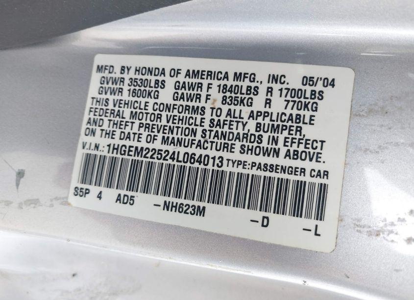 Photo 9 of 2004 Honda Civic LX (VIN 1HGEM22524L064013)