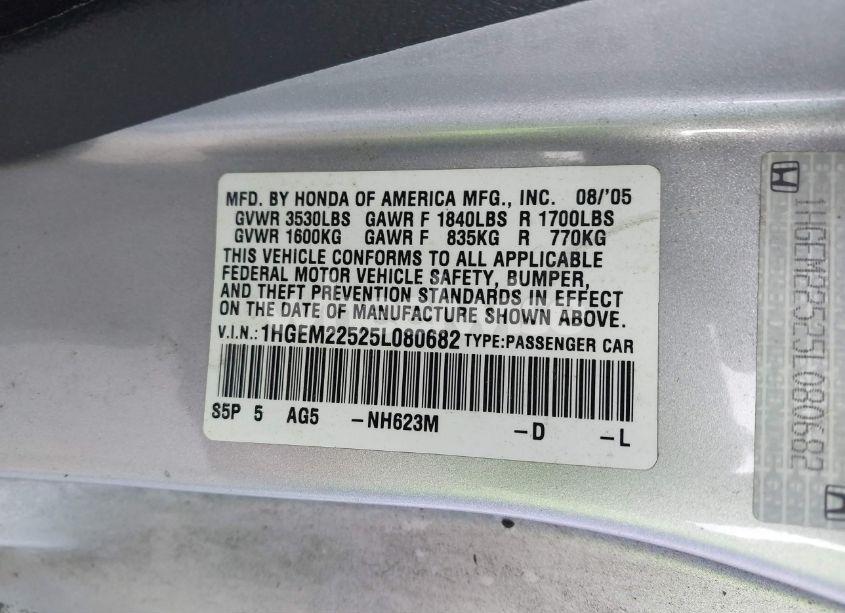 Photo 9 of 2005 Honda Civic LX (VIN 1HGEM22525L080682)