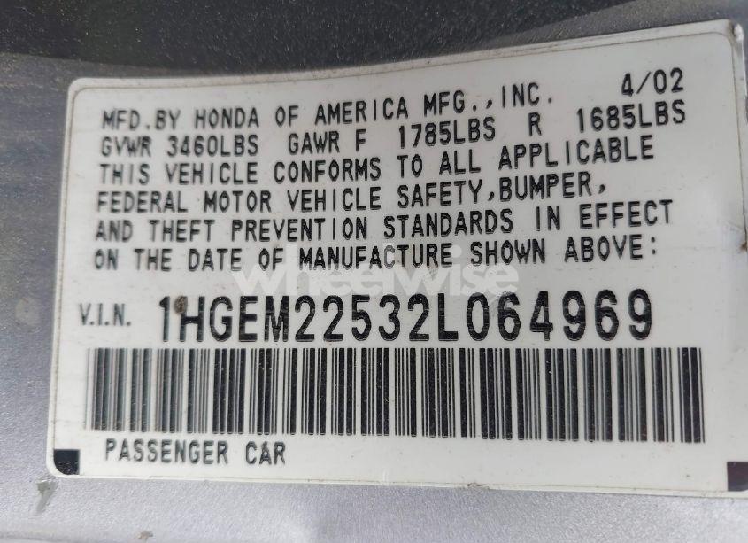 Photo 9 of 2002 Honda Civic LX (VIN 1HGEM22532L064969)