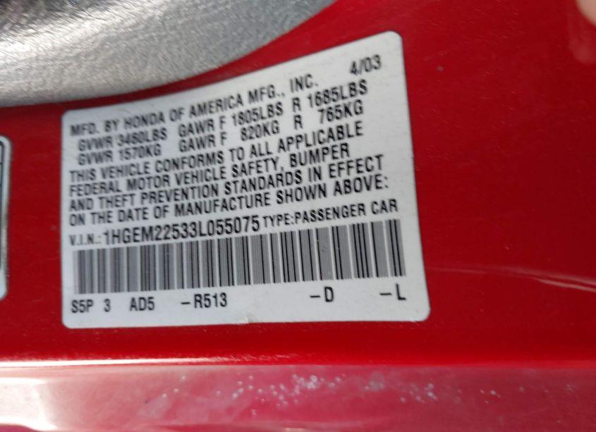Photo 9 of 2003 Honda Civic LX (VIN 1HGEM22533L055075)