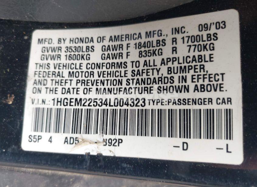 Photo 9 of 2004 Honda Civic LX (VIN 1HGEM22534L004323)