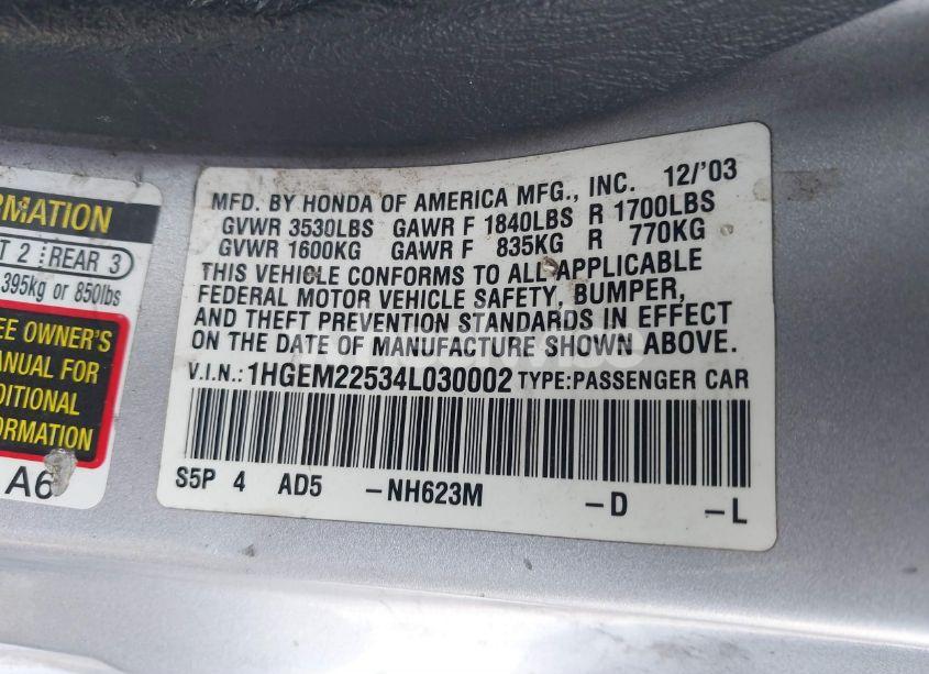 Photo 9 of 2004 Honda Civic LX (VIN 1HGEM22534L030002)