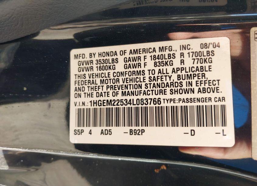 Photo 9 of 2004 Honda Civic LX (VIN 1HGEM22534L083766)