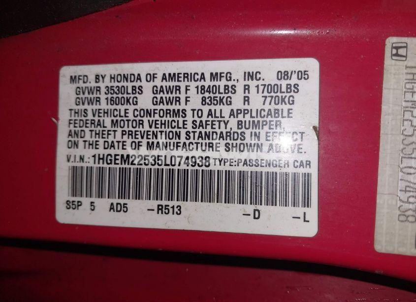 Photo 9 of 2005 Honda Civic LX (VIN 1HGEM22535L074938)