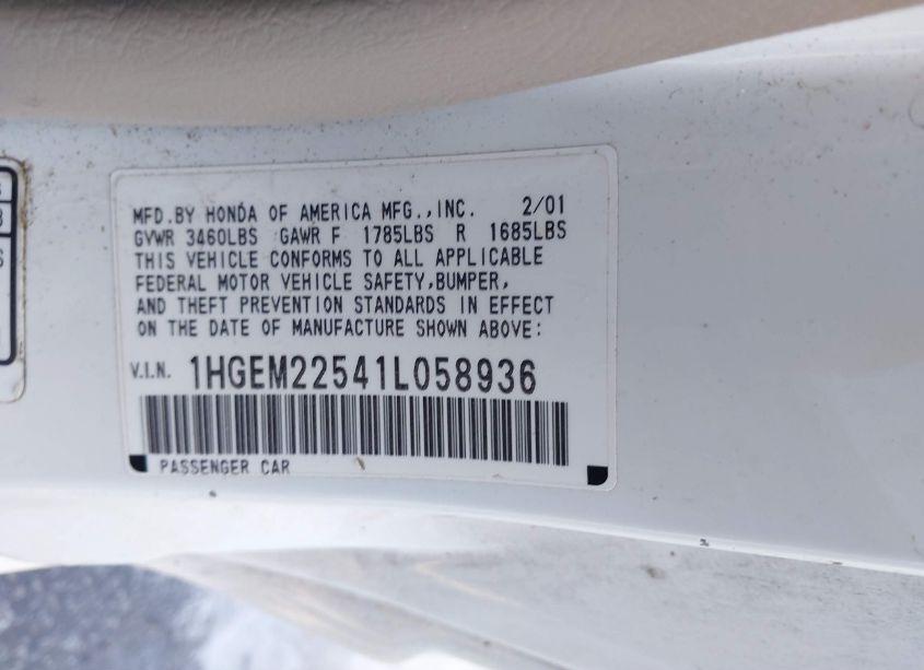 Photo 9 of 2001 Honda Civic LX (VIN 1HGEM22541L058936)