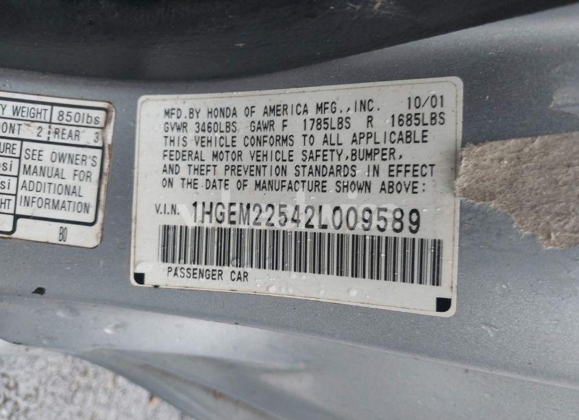 Photo 9 of 2002 Honda Civic LX (VIN 1HGEM22542L009589)