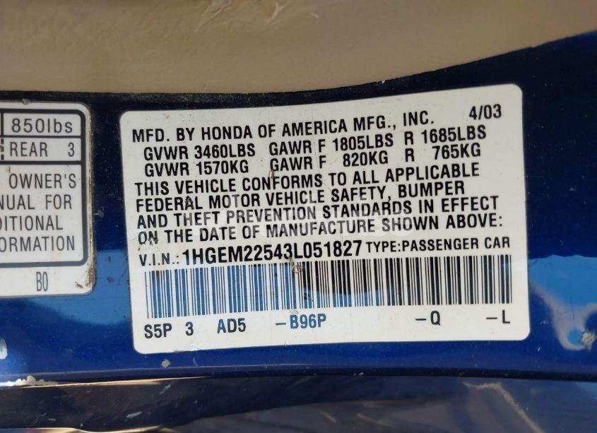 Photo 9 of 2003 Honda Civic LX (VIN 1HGEM22543L051827)