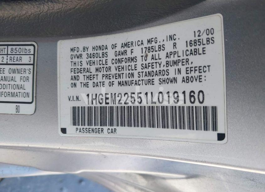 Photo 9 of 2001 Honda Civic LX (VIN 1HGEM22551L019160)