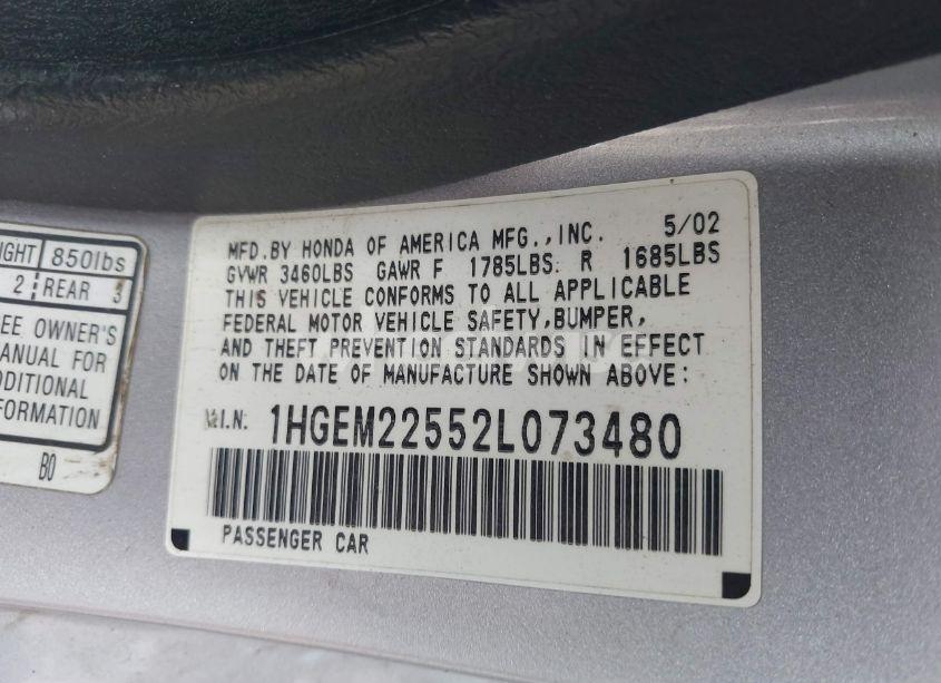 Photo 9 of 2002 Honda Civic LX (VIN 1HGEM22552L073480)