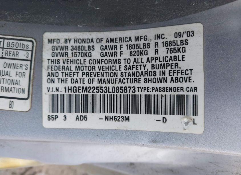 Photo 9 of 2003 Honda Civic LX (VIN 1HGEM22553L085873)