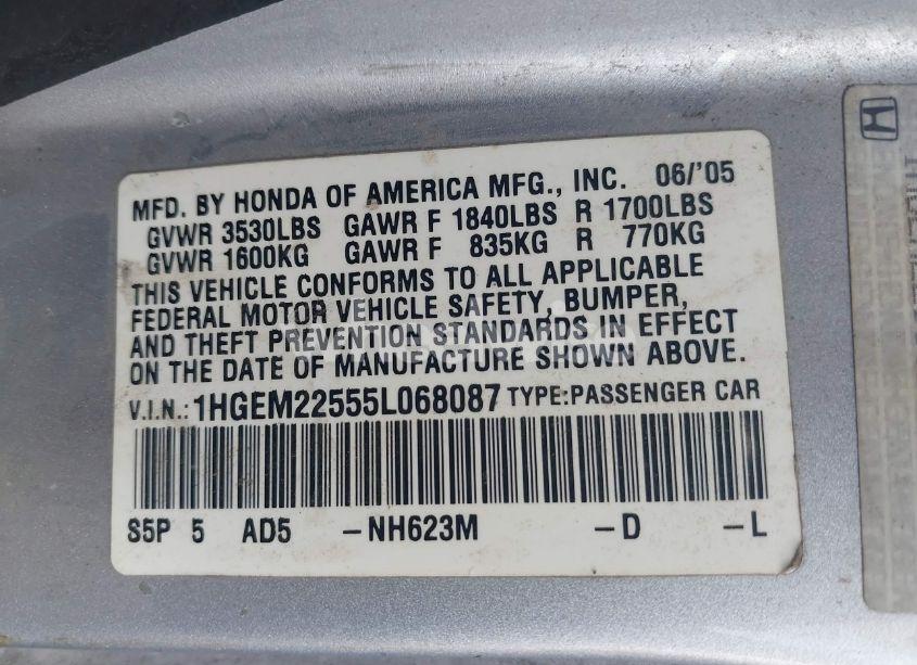 Photo 9 of 2005 Honda Civic LX (VIN 1HGEM22555L068087)