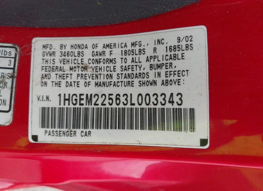 Photo 9 of 2003 Honda Civic LX (VIN 1HGEM22563L003343)