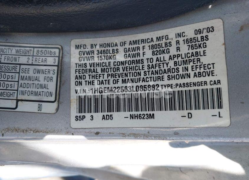 Photo 9 of 2003 Honda Civic LX (VIN 1HGEM22563L085882)