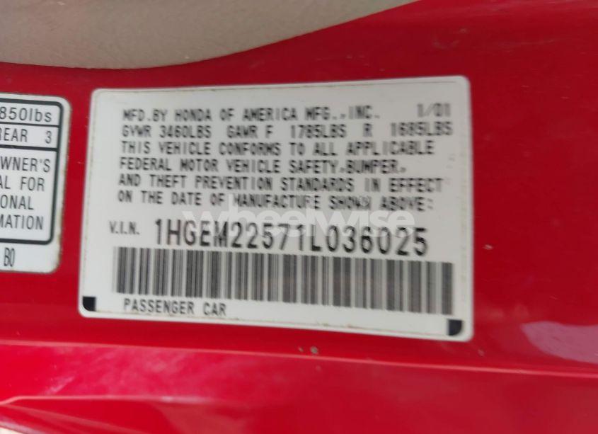 Photo 9 of 2001 Honda Civic LX (VIN 1HGEM22571L036025)