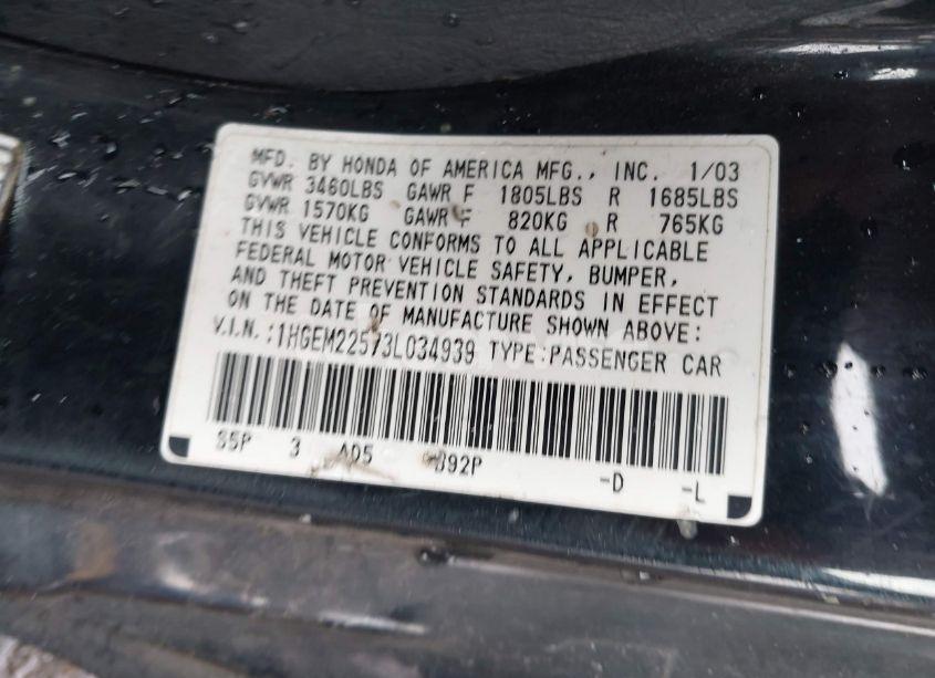 Photo 9 of 2003 Honda Civic LX (VIN 1HGEM22573L034939)