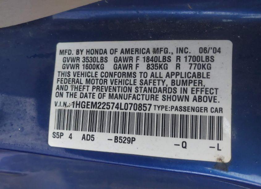 Photo 9 of 2004 Honda Civic LX (VIN 1HGEM22574L070857)