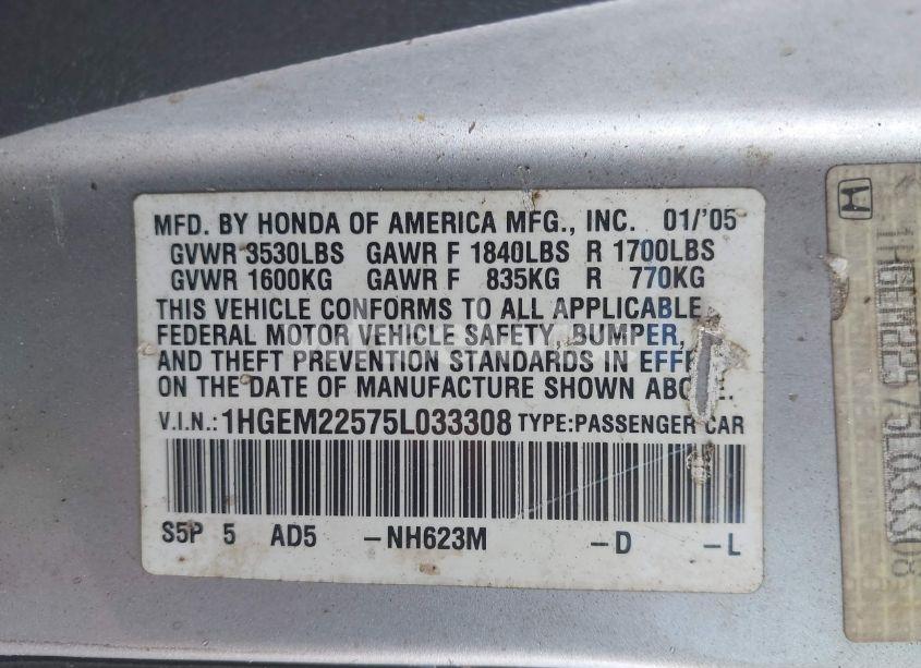 Photo 9 of 2005 Honda Civic LX (VIN 1HGEM22575L033308)