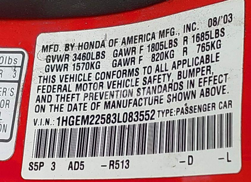 Photo 9 of 2003 Honda Civic LX (VIN 1HGEM22583L083552)