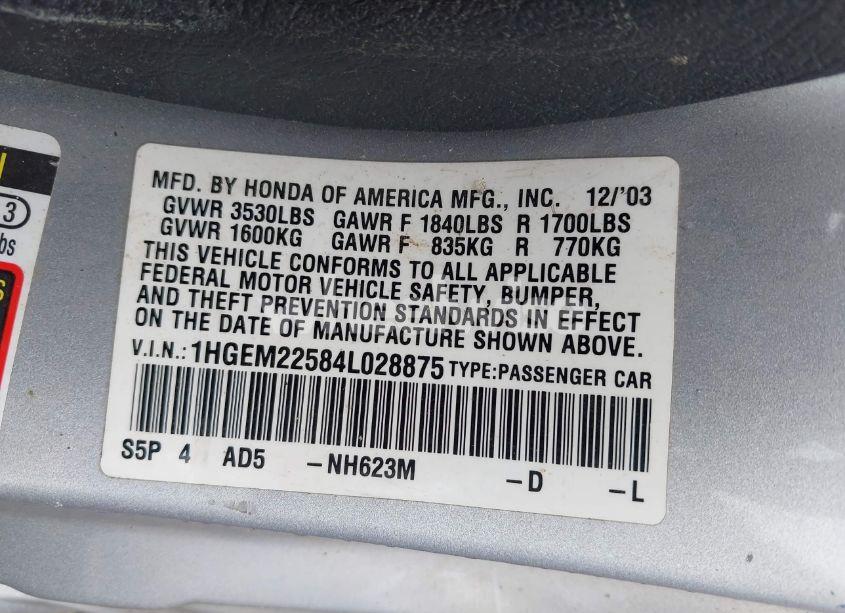 Photo 9 of 2004 Honda Civic LX (VIN 1HGEM22584L028875)