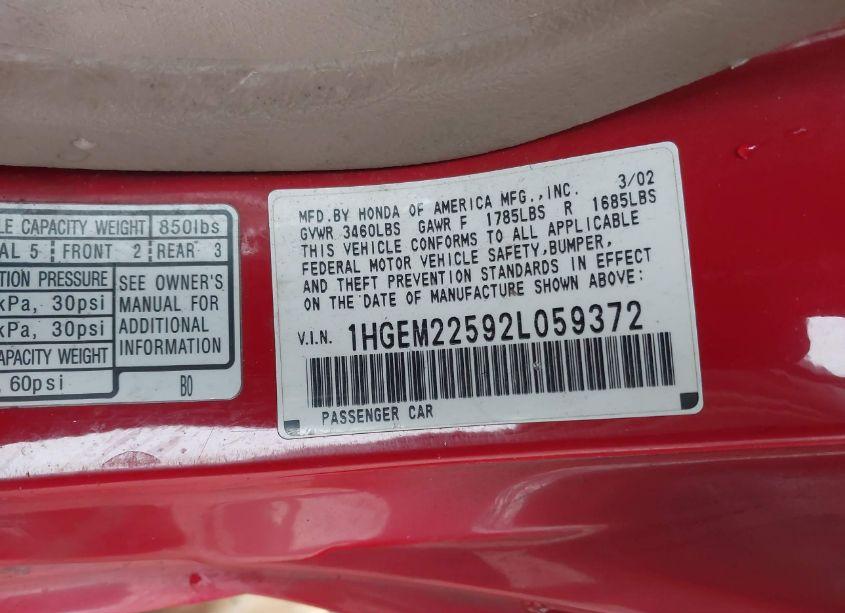 Photo 9 of 2002 Honda Civic LX (VIN 1HGEM22592L059372)