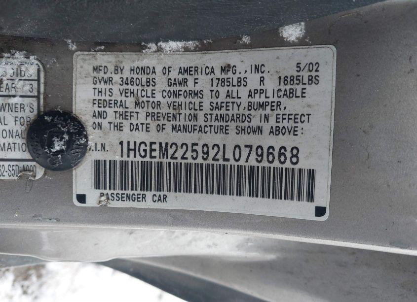 Photo 9 of 2002 Honda Civic LX (VIN 1HGEM22592L079668)