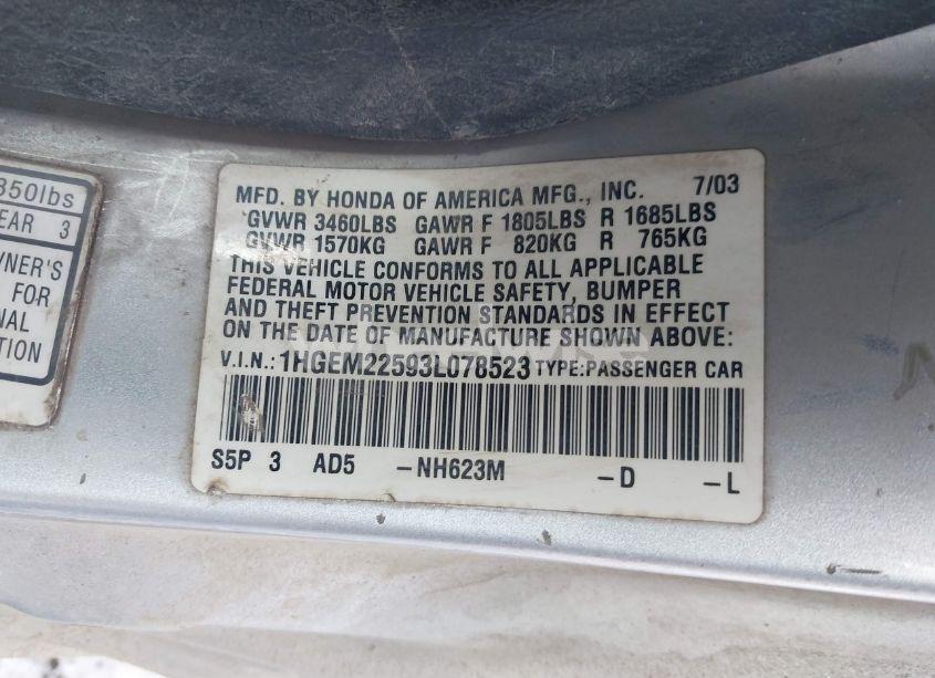 Photo 9 of 2003 Honda Civic LX (VIN 1HGEM22593L078523)
