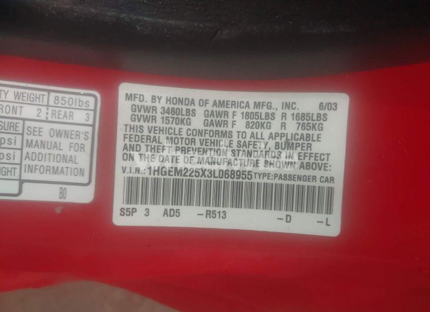 Photo 9 of 2003 Honda Civic LX (VIN 1HGEM225X3L068955)