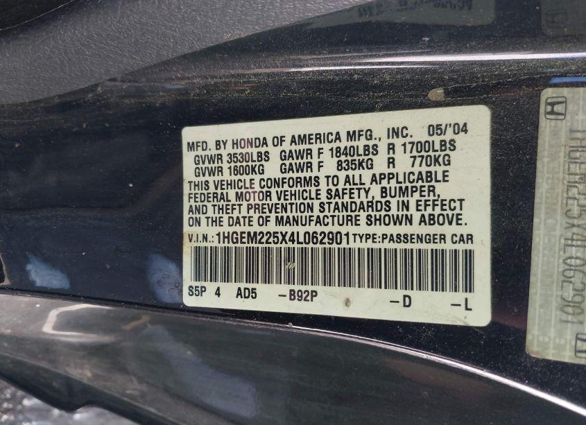 Photo 9 of 2004 Honda Civic LX (VIN 1HGEM225X4L062901)
